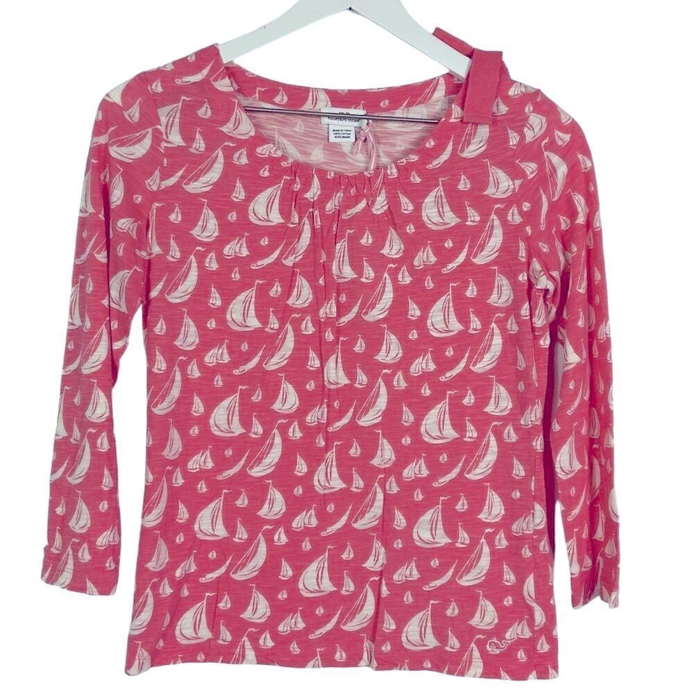 NWT Vineyard Vines Regatta Bow Top Print, color is Mai Tai, Girls Size Large/14